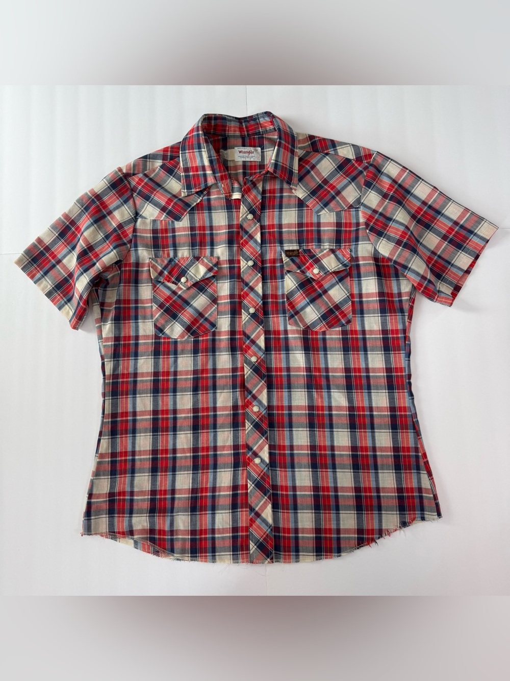 70s Wrangler Pearl Snap Red, Blue & White Plaid Short Sleeve Western Shirt